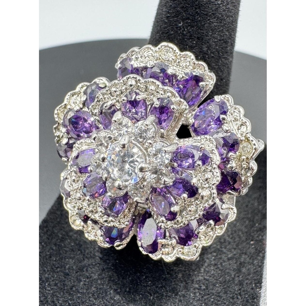 Silver Tone Purple & White Crystal Flower Bold Statement Cocktail Ring Size 7 - Picture 7 of 8